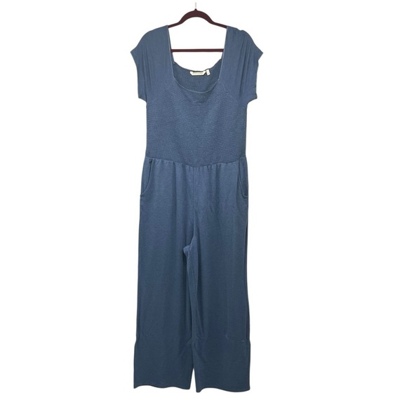 Soft Surroundings Sylvie Smocked Blue Jersey Knit Wide Leg Jumpsuit Womens Large - Picture 2 of 7